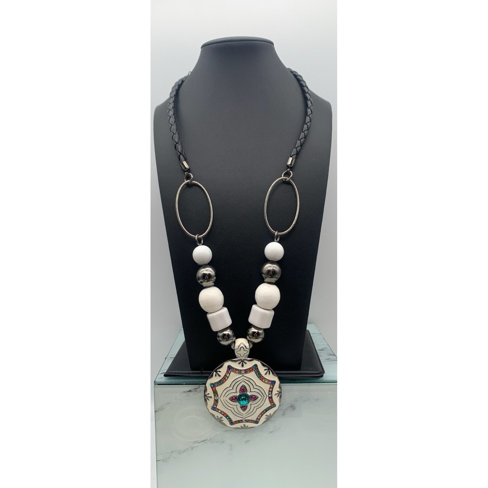 Chunky Beaded Corded Necklace With A Large‎ White Enamel & Rhinestone Pendant